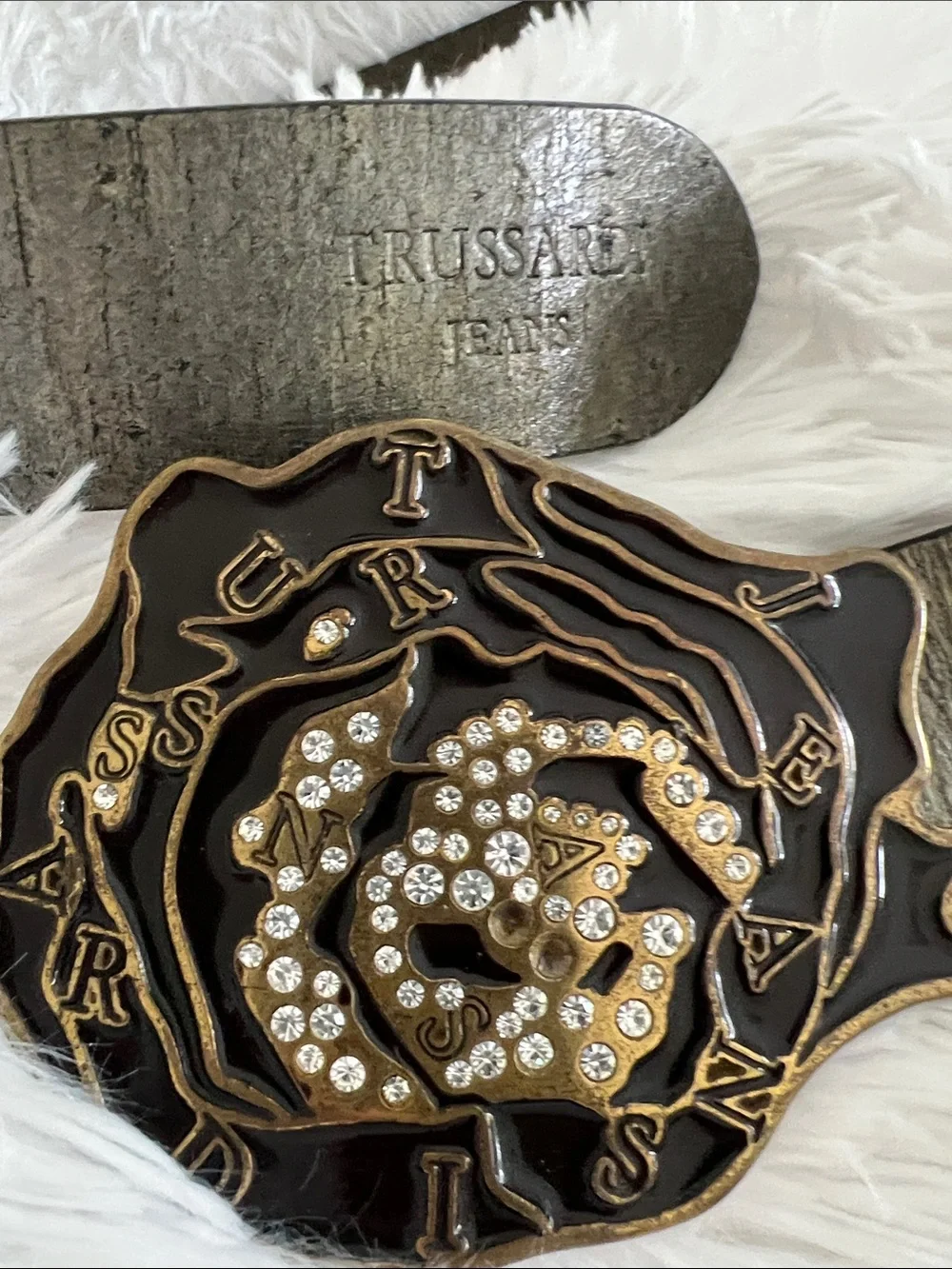 Trussardi vintage Leather Belt with Crystal-Embellished Buckle